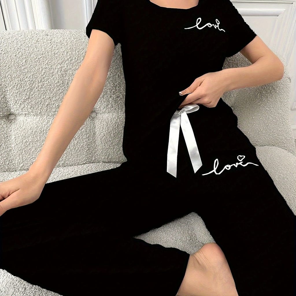 Women’s Casual Polyester Pajama Set, Crew Neck Short Sleeve T-shirt With Letter Print And Bow Detail, Knit Fabric, All Season Clothing Shop Online at Dubai Trades 2