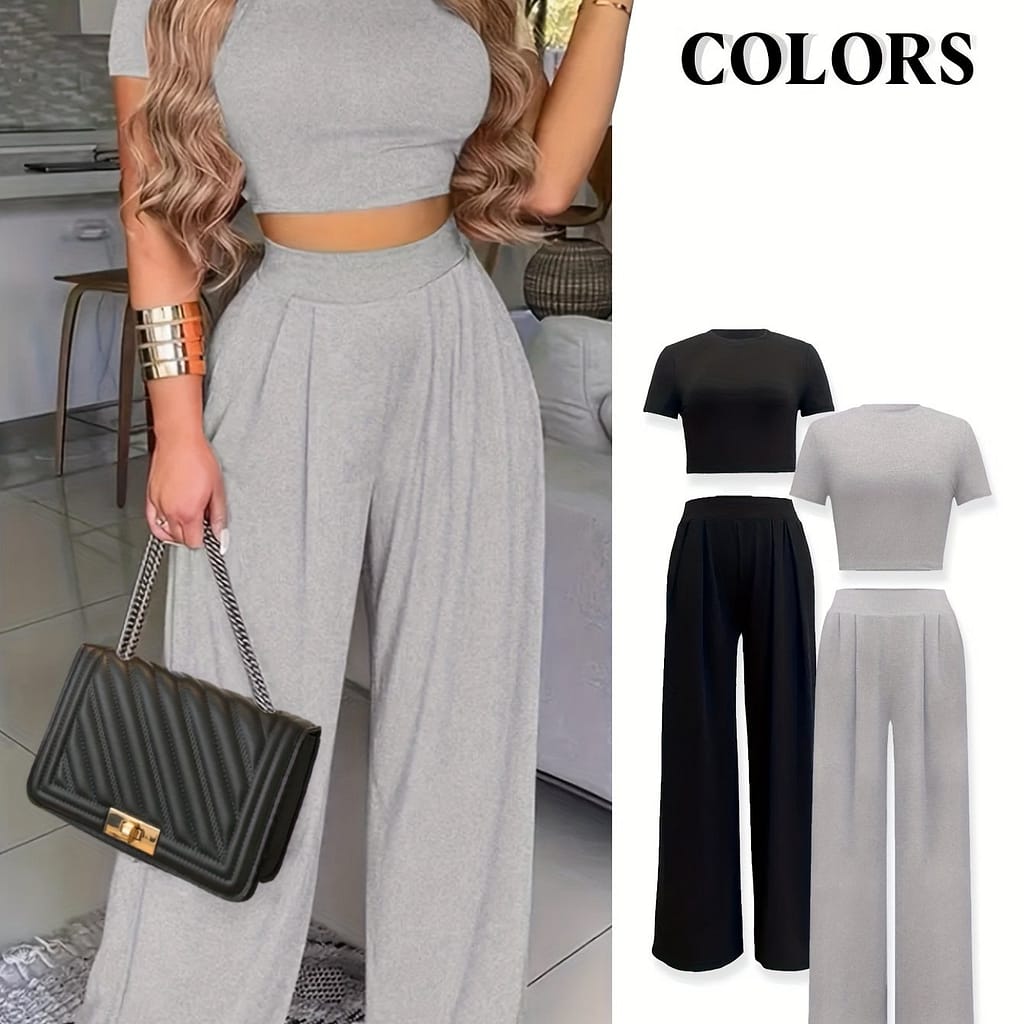 Women’s Casual Solid Color Crew Neck Polyester Elastane Pants Set, 2 Color Clothing Shop Online at Dubai Trades 2