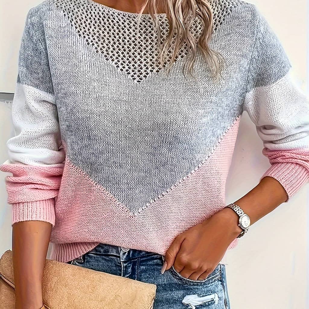 Women’s Casual V-neck Knit Sweater, Color Block Polyester Pullover, 100g/m² Knit Fabric, Spring/summer/fall Fashion Top Clothing Shop Online at Dubai Trades 2