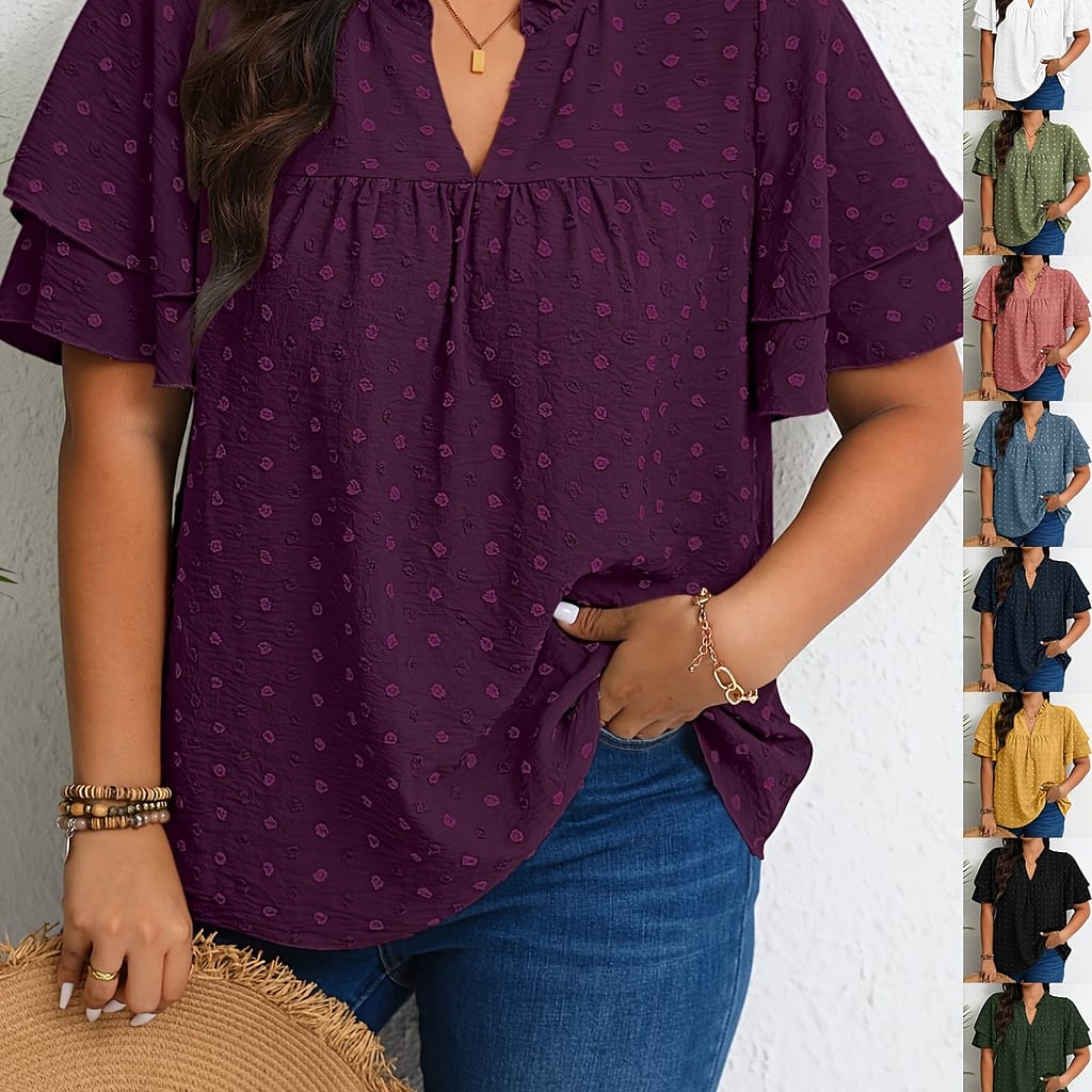 Women’s Casual V-neck Ruffle Detail Blouse, 100% Polyester Solid Color Non-stretch Woven Shirt For Spring/summer/fall Clothing Shop Online at Dubai Trades 2