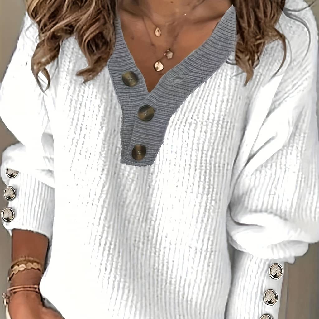 Women’s Casual V-neck Sweater With Decorative Buttons – Soft Polyester, Ribbed Texture, Long Sleeves, Fall/ In White And Gray Clothing Shop Online at Dubai Trades 2