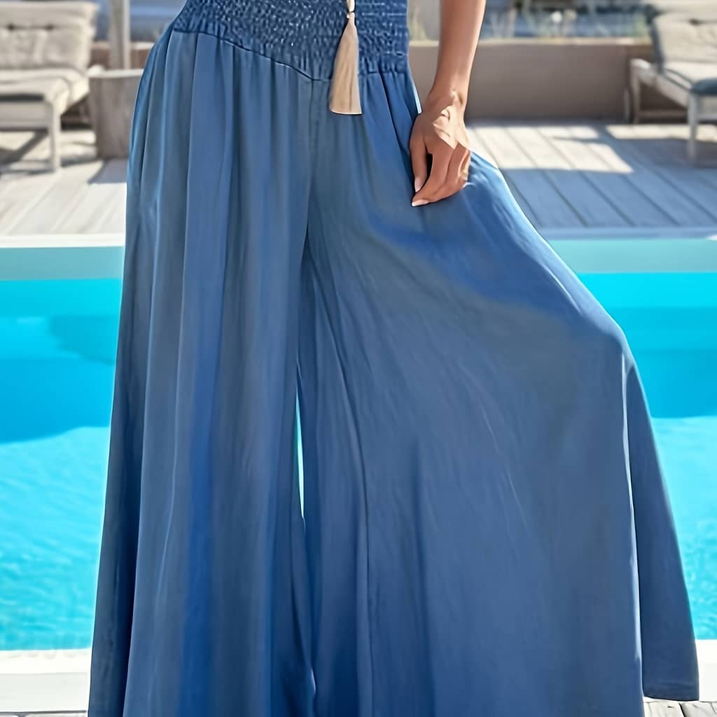 Women’s Casual Wide-leg Flare Pants – Relaxed Fit, Light Blue, Spring & Fall, Casual Attire|flared Leg Pants|shirred Detail Clothing Shop Online at Dubai Trades 2
