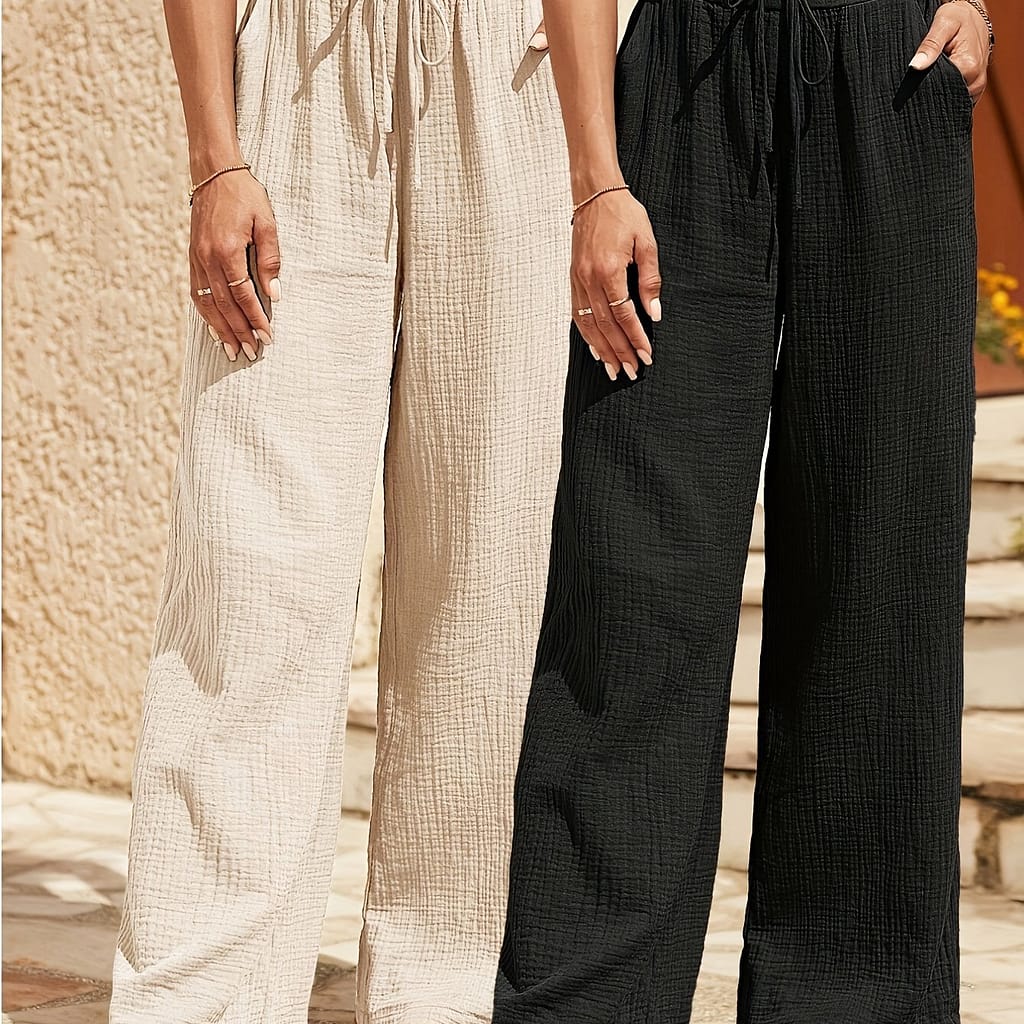 Women’s Casual Wide-leg Pants 2pcs – Comfortable Drawstring Waist, Solid Color, Polyester, Machine Washable – Beige And Black Clothing Shop Online at Dubai Trades 2
