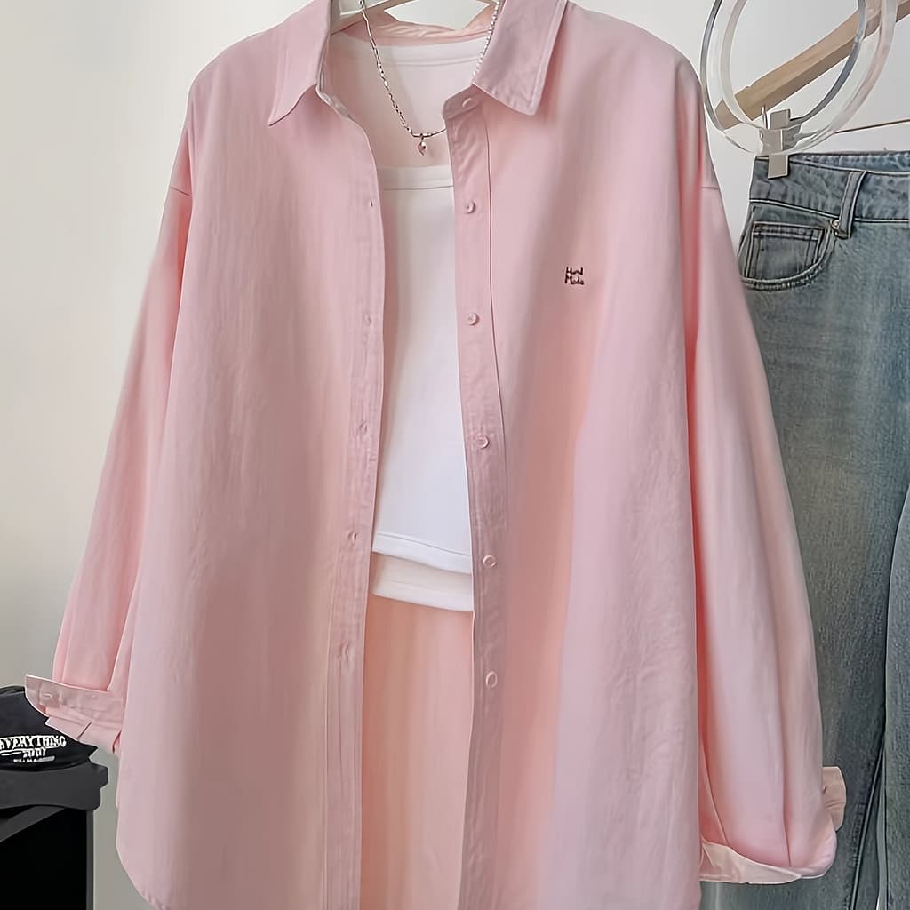 Women’s Chic Embroidered Long Sleeve Shirt, 100% Polyester, Woven Fabric, 120g/m², Lapel Collar, Spring/summer Fashion, Loose Protection Top Blouses Shop Online at Dubai Trades 2