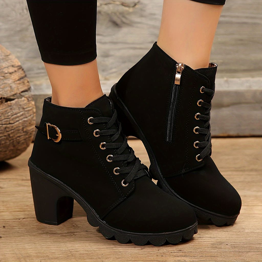 Women’s Chunky Heel Short Boots, Fashion Lace Zipper Boots, Comfortable Ankle Boots Ankle & Bootie Shop Online at Dubai Trades 2