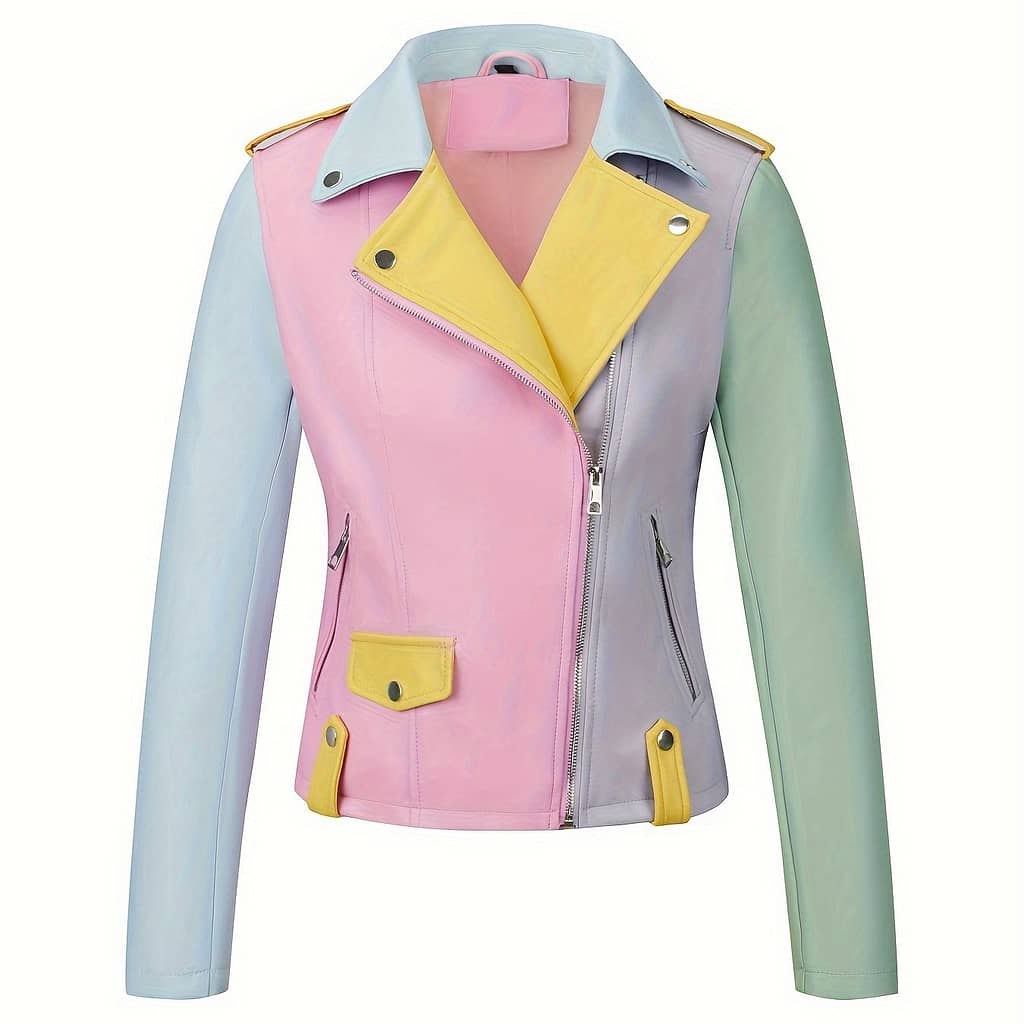 Women’s Color Pu Leather Biker Jacket – Light Blue, Pink & Casual Zip-up Outerwear With Cuffs For Spring/fall Clothing Shop Online at Dubai Trades 2