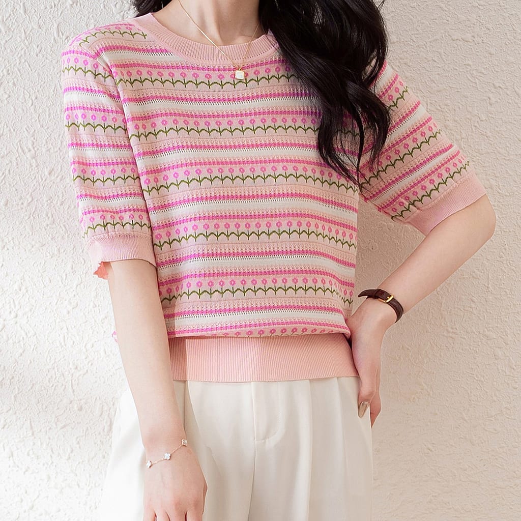 [] Women’s Color Striped Short Sleeve T-shirt – Casual Crew Neck With Floral Jacquard Knit Top, Lightweight Viscose , Casual Attire Clothing Shop Online at Dubai Trades 2