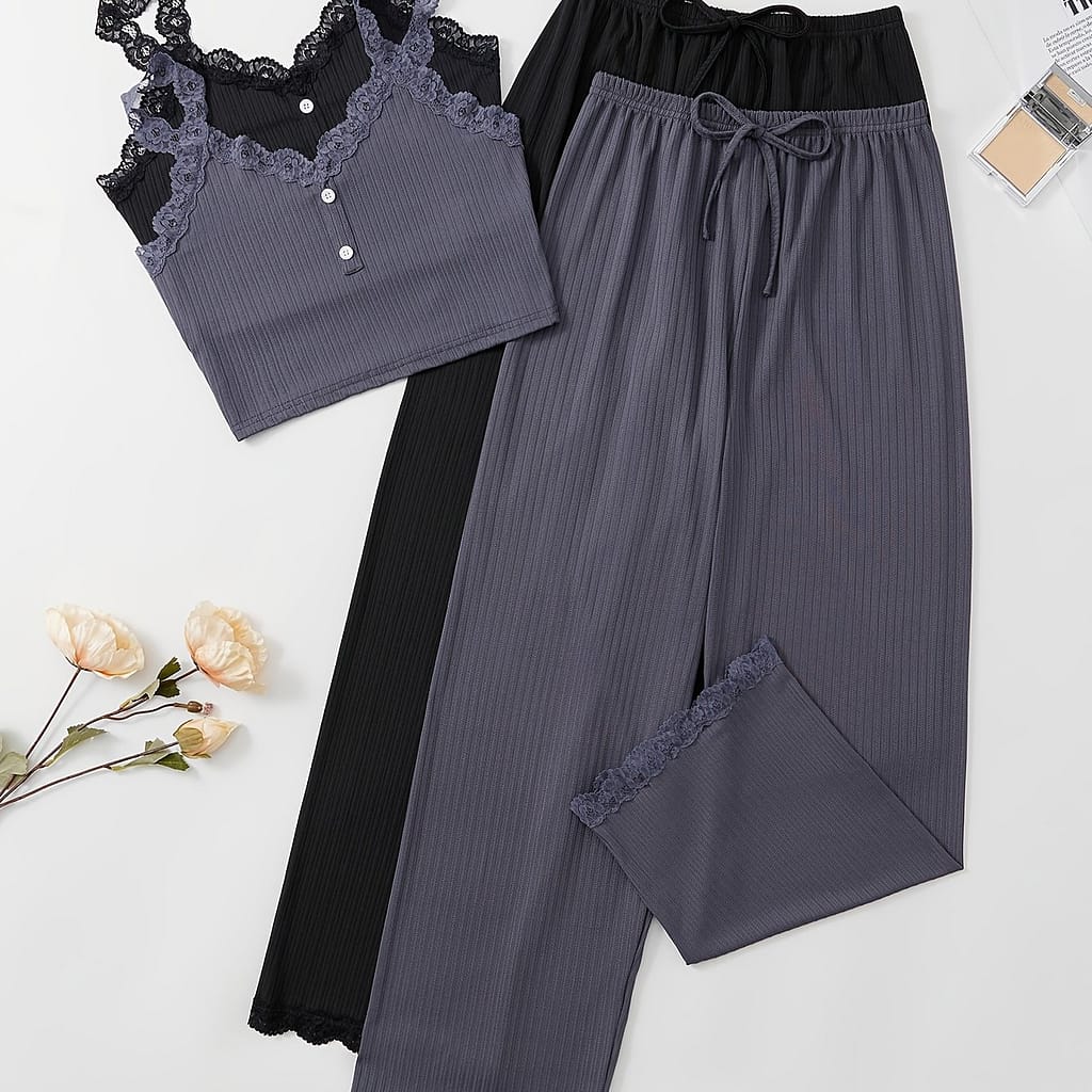 Women’s Comfortable Ribbed Pajama Set With Lace Detail – V-neck Cami Top & Long Pants, Machine Washable – Available In Multiple Colors Clothing Shop Online at Dubai Trades 2