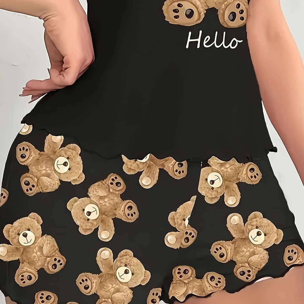 Women’s Cute Cartoon Bear Shorts, Polyester 95% Elastane 5% Knit Fabric, Sleepwear, 140g/m² Lightweight, Comfortable Bottoms Shop Online at Dubai Trades 2