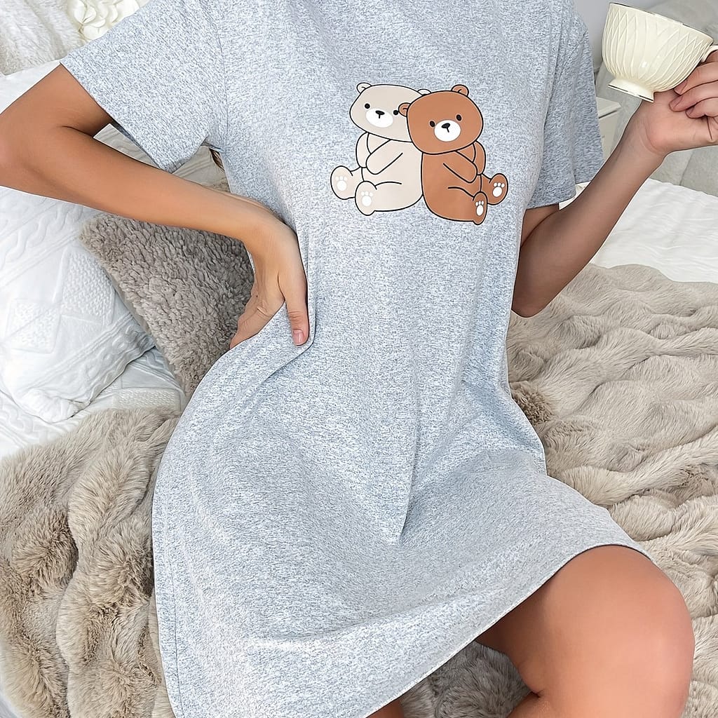 Women’s Cute Dual-tone Bear Graphic Dress – Casual Beige Polyester Blend, Short Sleeve, Round Neck, Machine Washable, Knee-length Clothing, Dress|round Neck Dress|printed Dress Clothing Shop Online at Dubai Trades 2