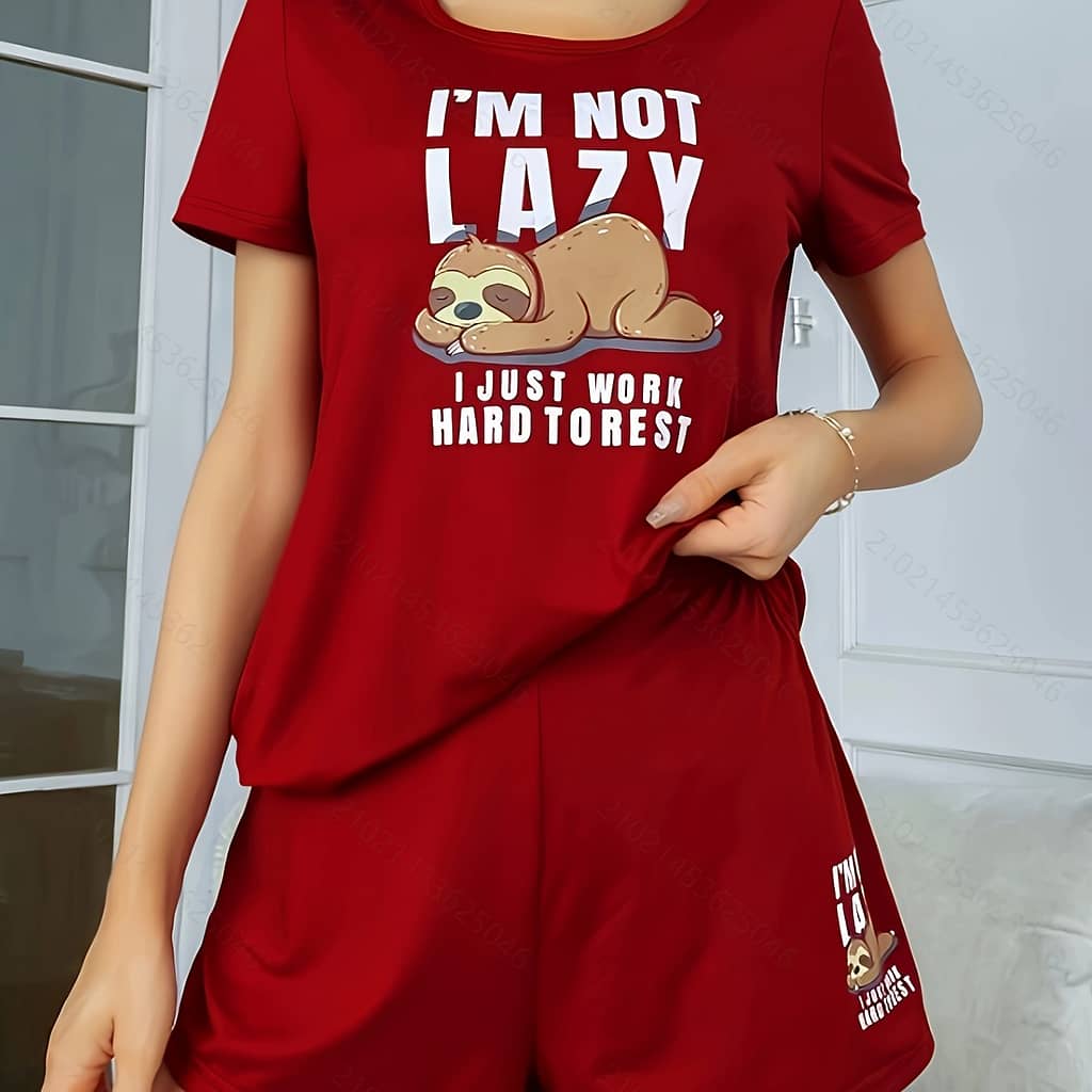 Women’s Cute Sloth & Slogan Print Pajama Set, Short Sleeve Round Neck Top & Shorts, Comfortable Relaxed Fit Clothing Shop Online at Dubai Trades 2