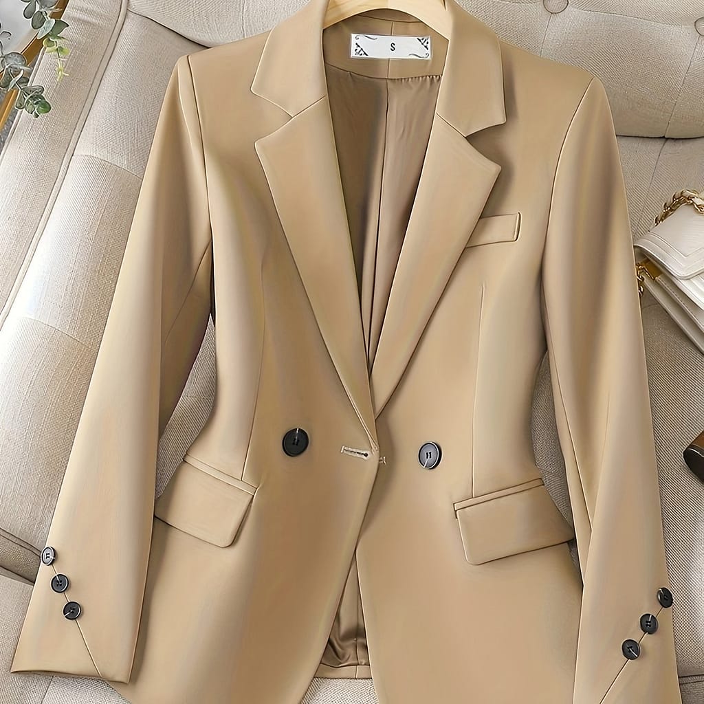 Women’s Elegant Beige Blazer – Chic Professional Suit Jacket With Long Sleeves, Double-breasted, Polyester And Spandex Blend, Ideal For Business Or Casual Wear Clothing Shop Online at Dubai Trades 2