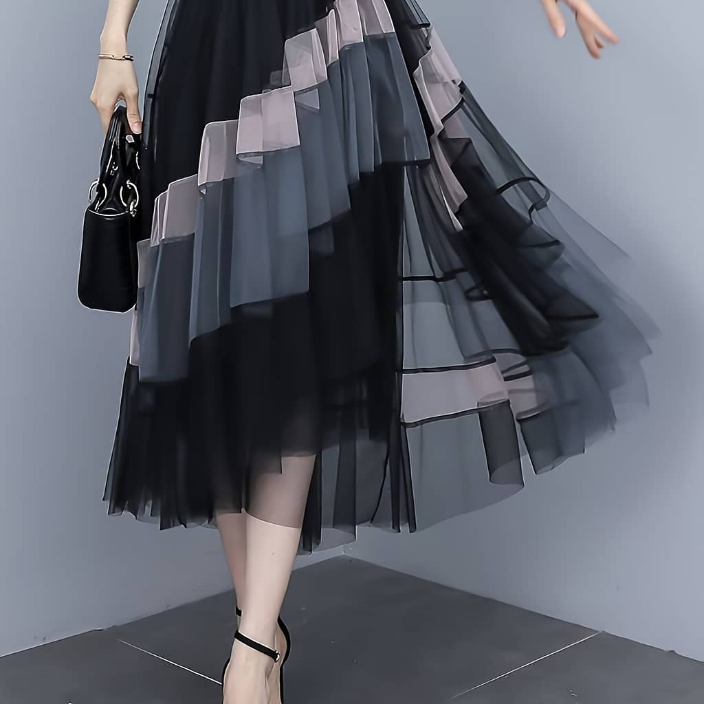Women’s Elegant Black And Gray Color Mesh Overlay Skirt – Casual A-line With Tulle Detailing, Clothing Shop Online at Dubai Trades 2