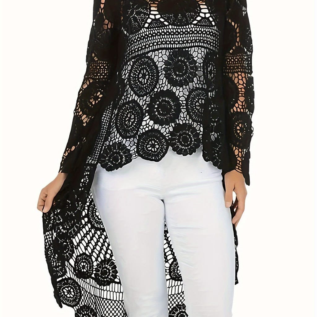 Women’s Elegant Crochet Floral Pattern Cardigan, Bohemian Style Long Sleeve Round Neck High And Low Hem Beach Waistcoat, Women’s Swimwear And Vacation Dress Clothing Shop Online at Dubai Trades 2
