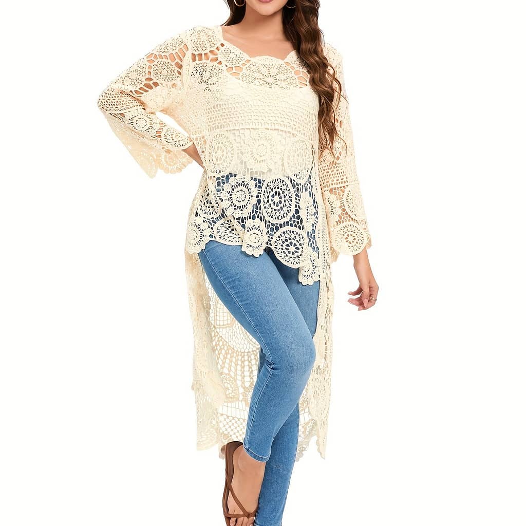 Women’s Elegant Crochet Floral Pattern Cover-up, Bohemian Style Long Sleeve Round Neck High-low Hem Beach Tunic, Swimwear And Resort Wear For Women Clothing Shop Online at Dubai Trades 2