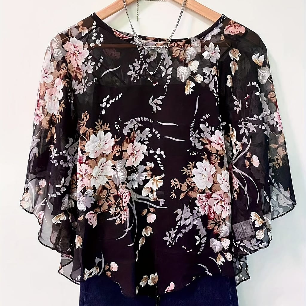 Women’s Elegant Floral Print Asymmetrical Blouse – Sheer Sleeve, Round Neck, Summer Sun Protection Shirt For Beach, Spring/summer Collection Blouses Shop Online at Dubai Trades 2