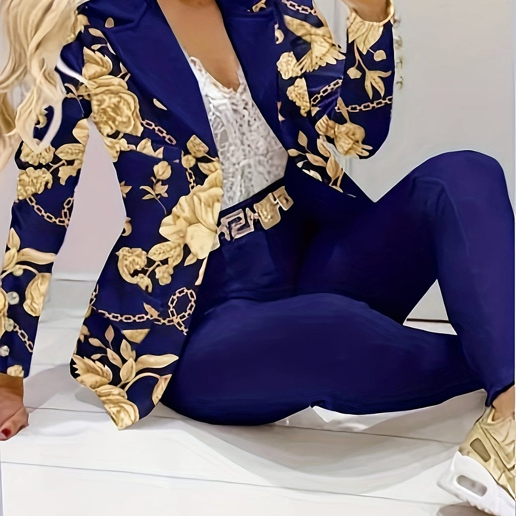 Women’s Elegant Floral Print Chain Print Blazer Set, Polyester Spandex , Machine Washable, Spring/autumn Fashion Blazers Shop Online at Dubai Trades 2