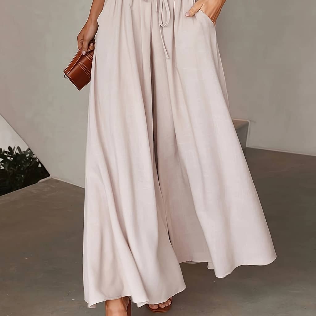 Women’s Elegant High-waist Wide Leg Pants – Solid Color, Polyester, Loose Fit With Drawstring Detail, Spring And Fall Fashion, Stylish Wide Leg Pant Clothing Shop Online at Dubai Trades 2
