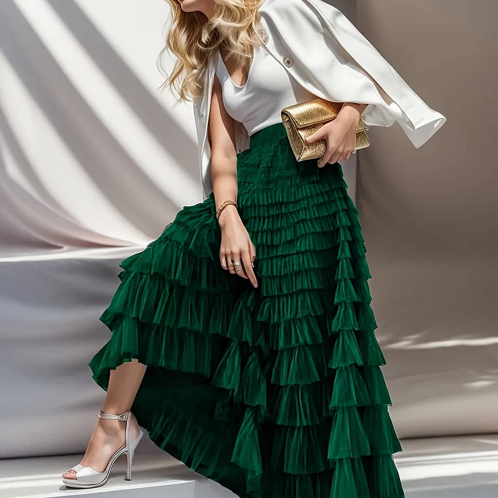Women’s Elegant High-waisted A-line Tiered Tulle Cake Skirt – Black Multi-layered Machine Washable Spring Summer Fall Versatile Solid Color Formal & Casual Outfits Clothing Shop Online at Dubai Trades 2