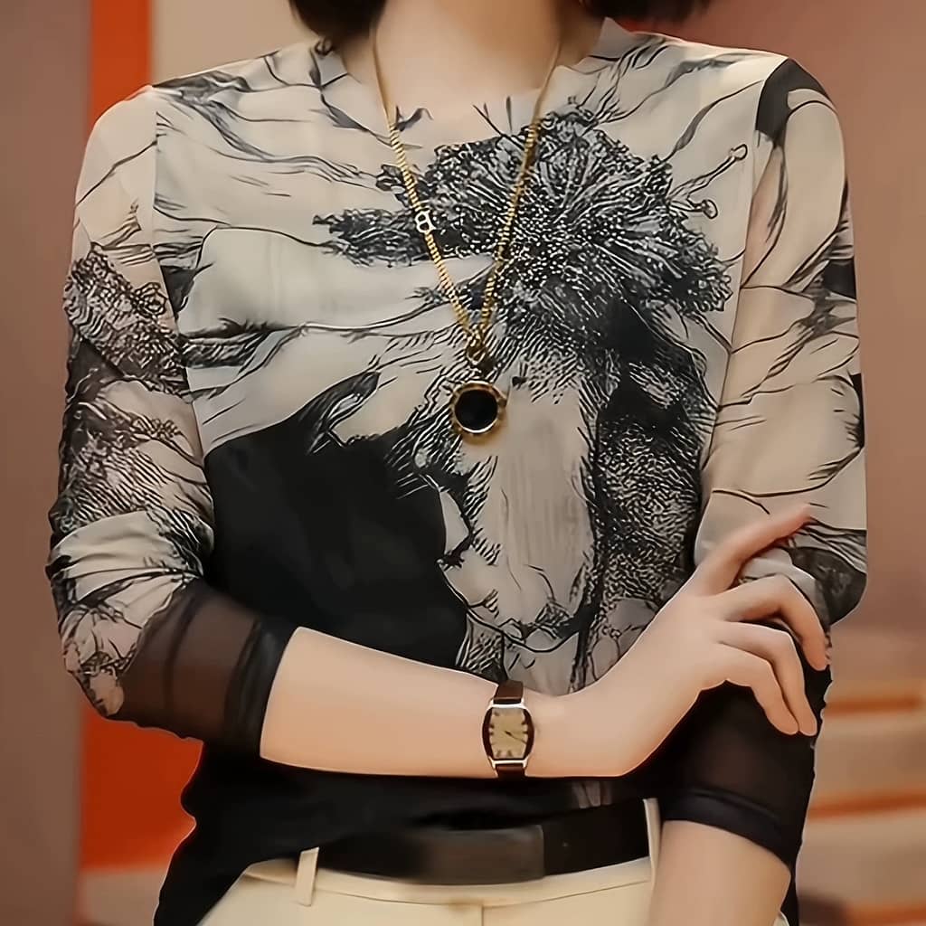 Women’s Elegant Lace Mesh Top, A-, Long Sleeve, Spring/autumn, Floral Print, Stretchy, High-end, Luxury, Stylish Clothing Shop Online at Dubai Trades 2