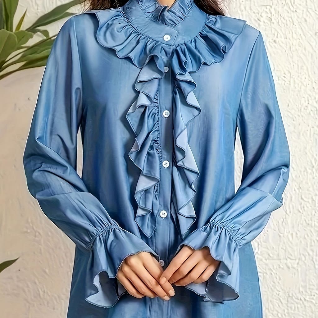 Women’s Elegant Ruffle Stand Collar Shirt, 100% Polyester Woven, Solid Color, Lightweight 180g/m² Fabric, Spring/summer/fall Apparel Blouses Shop Online at Dubai Trades 2