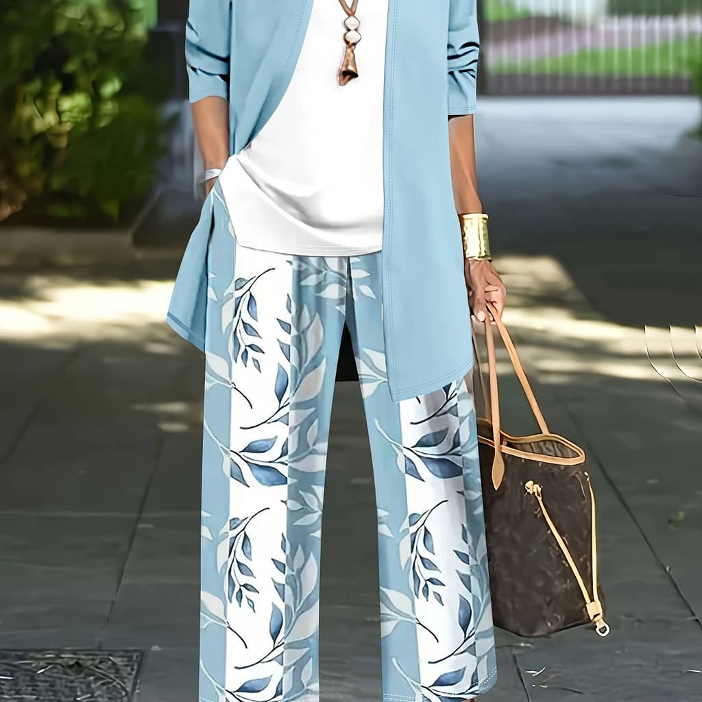 Women’s Elegant Suit Solid Color Long Sleeve Outerwear Vest Top With Botanical Print Wide Leg Pants Three-piece Set Clothing Shop Online at Dubai Trades 2