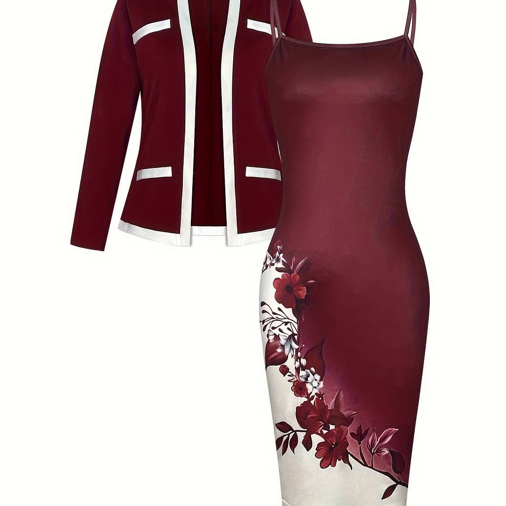 Women’s Elegant Two-piece Set: Burgundy Long Sleeve Cardigan & Floral Print Suspender Dress – Stretchy Polyester , Machine Washable Clothing Shop Online at Dubai Trades 2