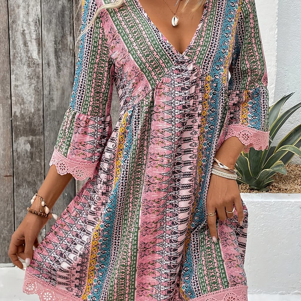 Women’s Elegant V-neck Dress With Lace Trim – Striped And Floral Print, Lightweight Polyester , Summer, Relaxed Fit Dress|patterned Dress|smooth Texture, Cute Dresses Clothing Shop Online at Dubai Trades 2