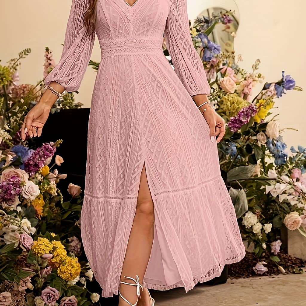 Women’s Elegant V-neck Lace-trimmed Dress With Lantern Sleeves & Slit Hem – Soft Pink Fitted Machine-washable Versatile Formal & Casual Wear, Lace Dress Clothing Shop Online at Dubai Trades 2