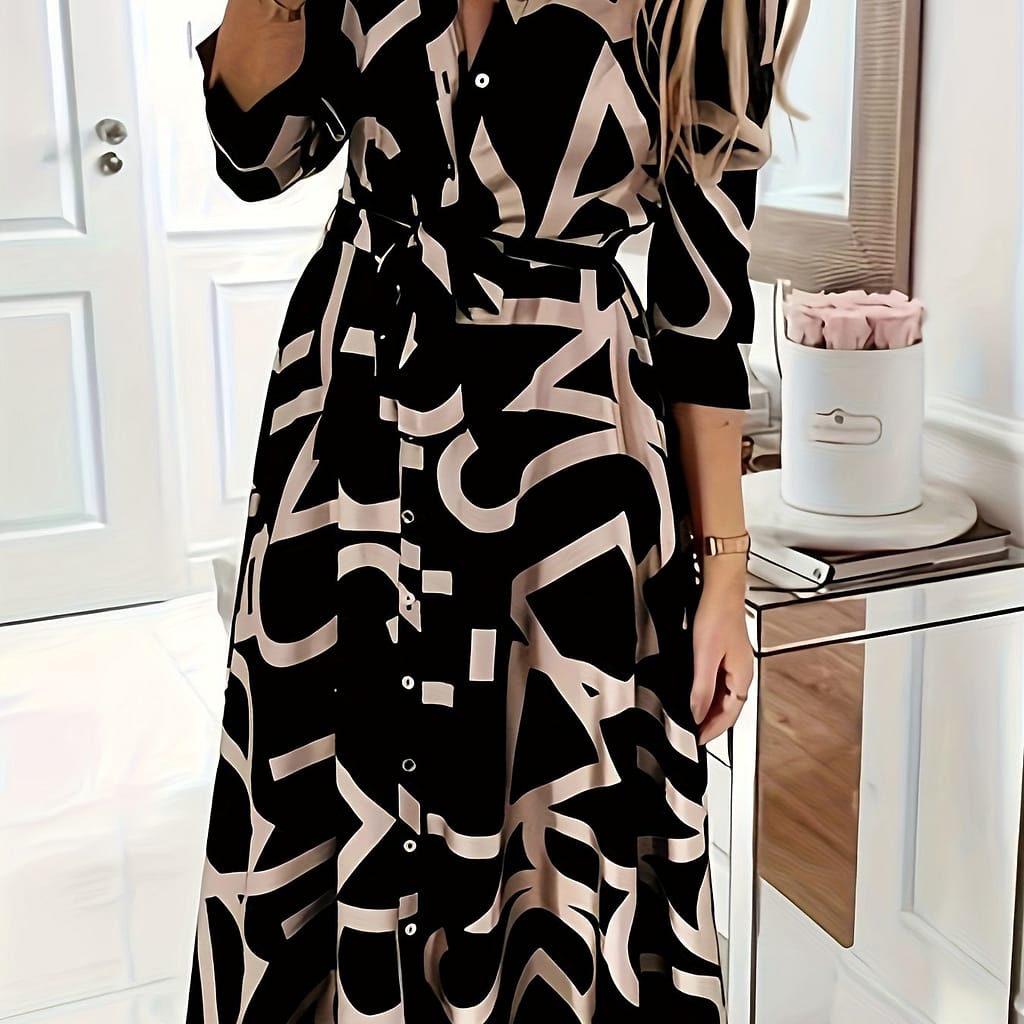 Women’s Elegant V-neck Shirt Dress With Belt, Polyester 95% Elastane 5% Woven Fabric, Non-stretch, , Button Detail, Random Print Midi Work Skirt Clothing Shop Online at Dubai Trades 2