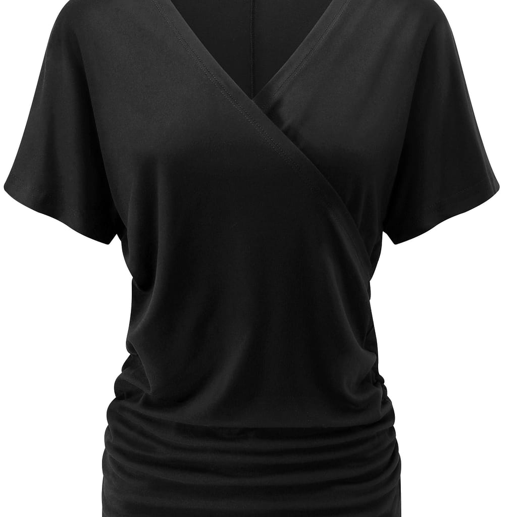 Women’s Elegant V-neck T-shirt With Design – Black, Short Sleeve, Casual Top For Spring/summer/fall, Casual Wear|vneckline Top|elegant Neckline Clothing Shop Online at Dubai Trades 2