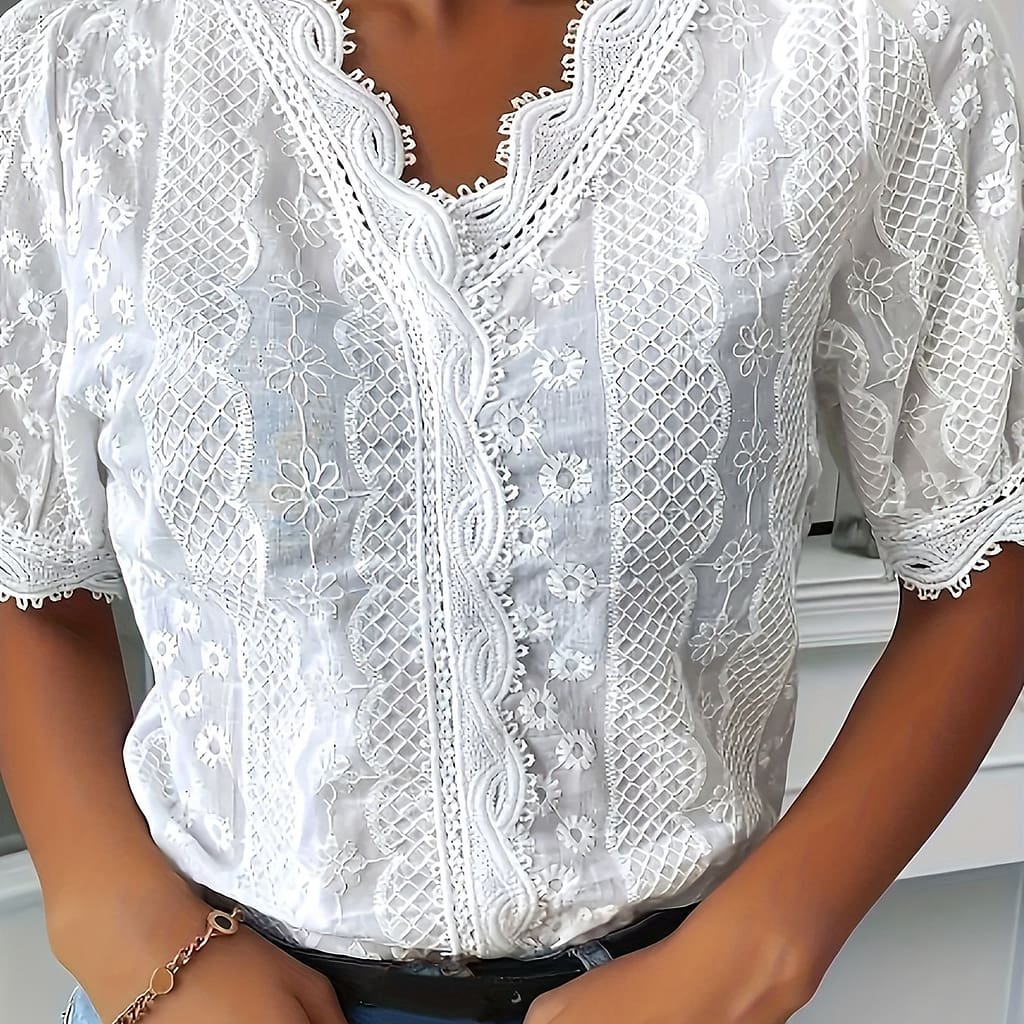 Women’s Elegant White Lace-trim V-neck Blouse – Floral Embroidery, Short Sleeve, Rayon Fabric, Casual Summer Top For Stylish Outfits, Floral Print Blouse Clothing Shop Online at Dubai Trades 2