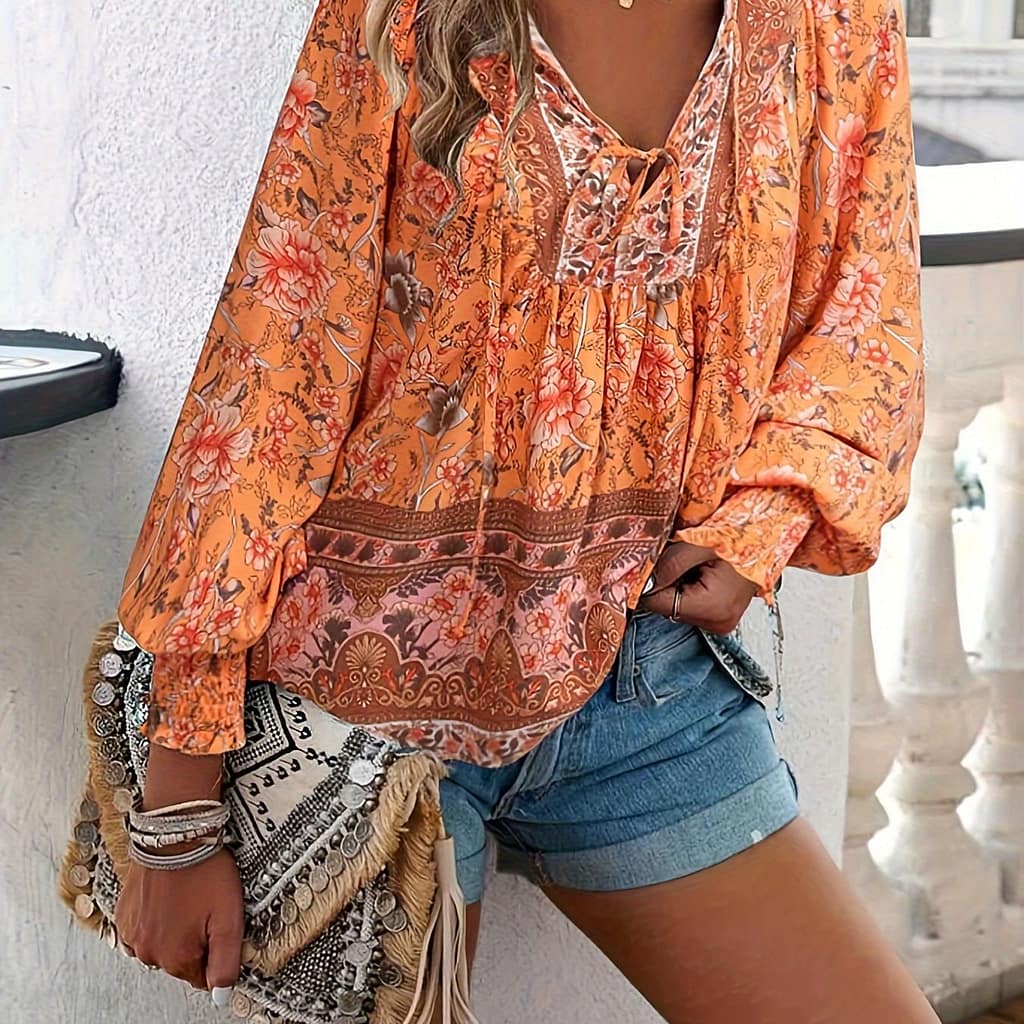 Women’s Floral Lantern Sleeve Tie Shirt Blouses Shop Online at Dubai Trades 2