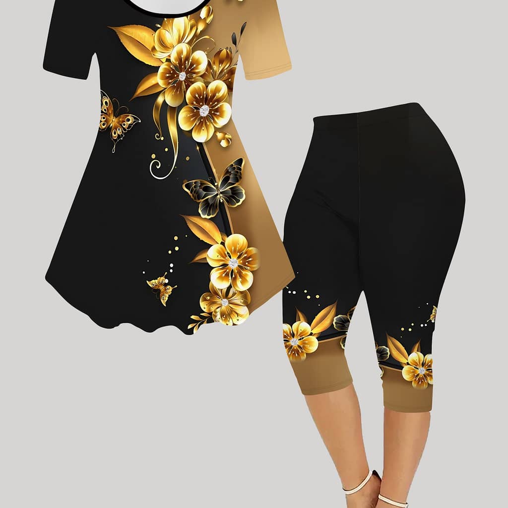 Women’s Floral Print Fashion Outfit – Casual Short Sleeve Top & Capri Pants Set, Stretchy Polyester , Machine Washable Clothing Shop Online at Dubai Trades 2