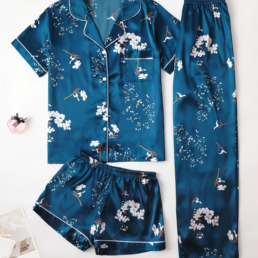 Women’s Floral Print Satin Elegant Pajama Set, Short Sleeve Buttons Lapel Top & Shorts & Pants, Comfortable Relaxed Fit Clothing Shop Online at Dubai Trades 2