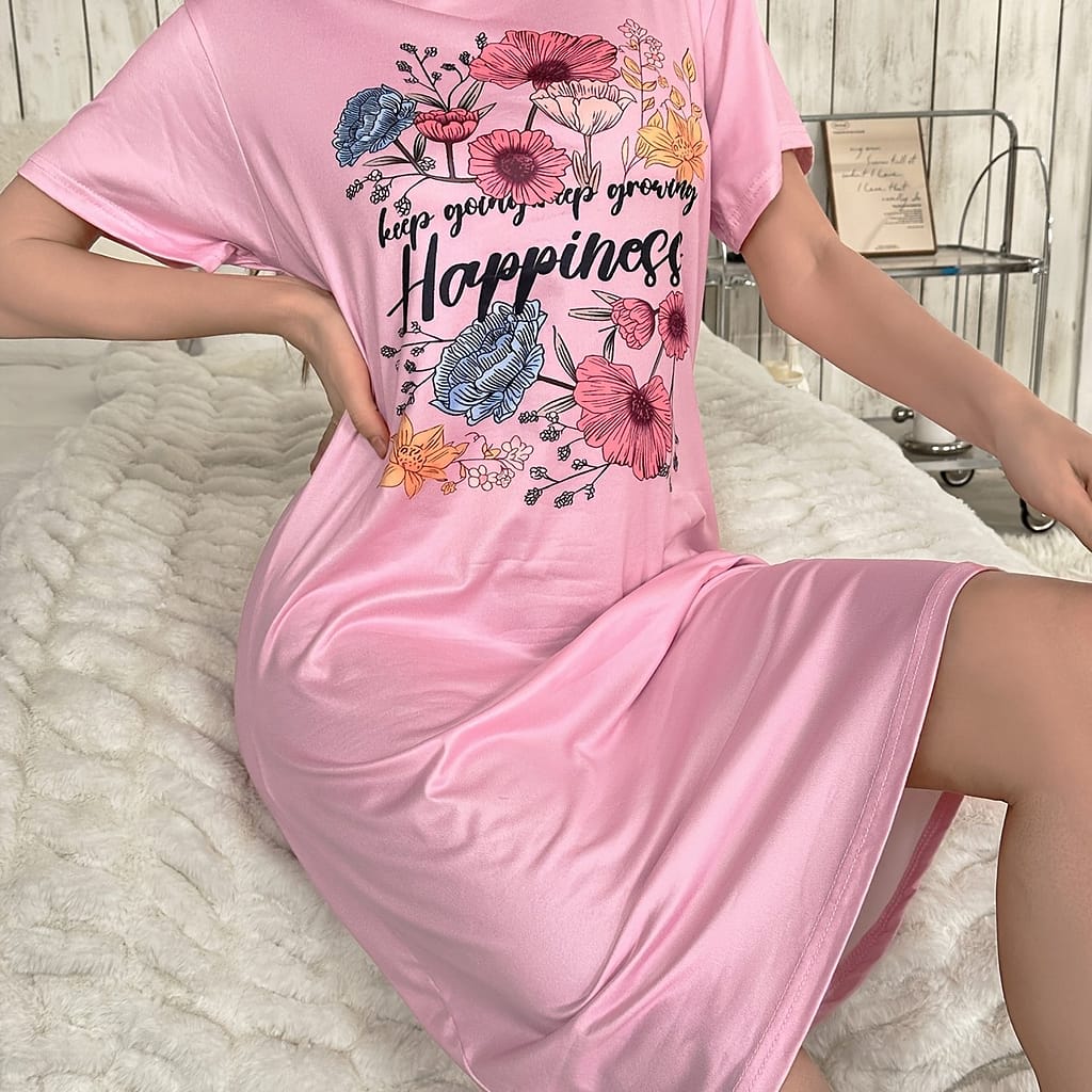 Women’s Floral Print Short Sleeve T-shirt And Shorts Set, Casual Crew Neck Polyester Night Dress, Knit Fabric, 95% Polyester 5% Elastane, Comfortable Clothing Shop Online at Dubai Trades 2