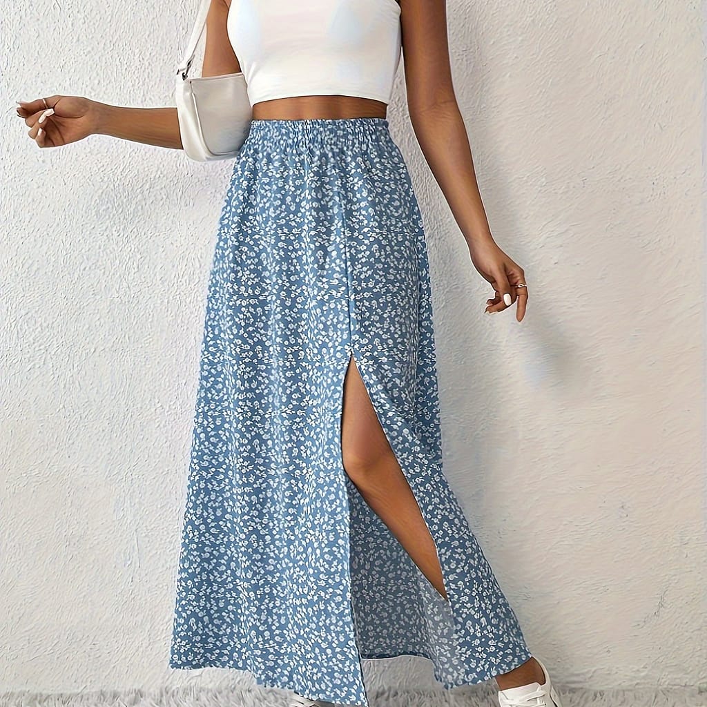 Women’s Floral Print Split Skirt – Casual , Lightweight Polyester, White And Blue , Spring/summer/fall, Casual Attire|floral Print Skirt|lightweight Fabric Clothing Shop Online at Dubai Trades 2