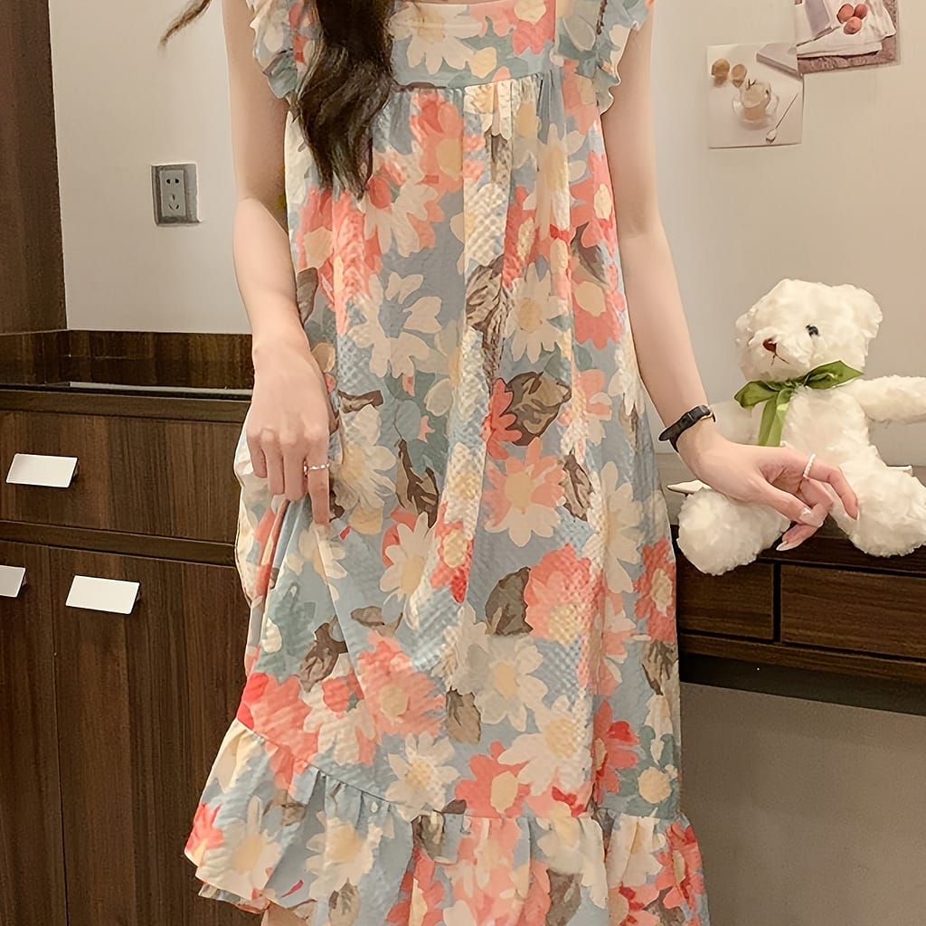 Women’s Floral Print Sweet Textured Sleepwear Dress, Ruffle Sleeve Square Neck Ruffle Hem Loose Fit Dress, Comfortable Nightgown Clothing Shop Online at Dubai Trades 2