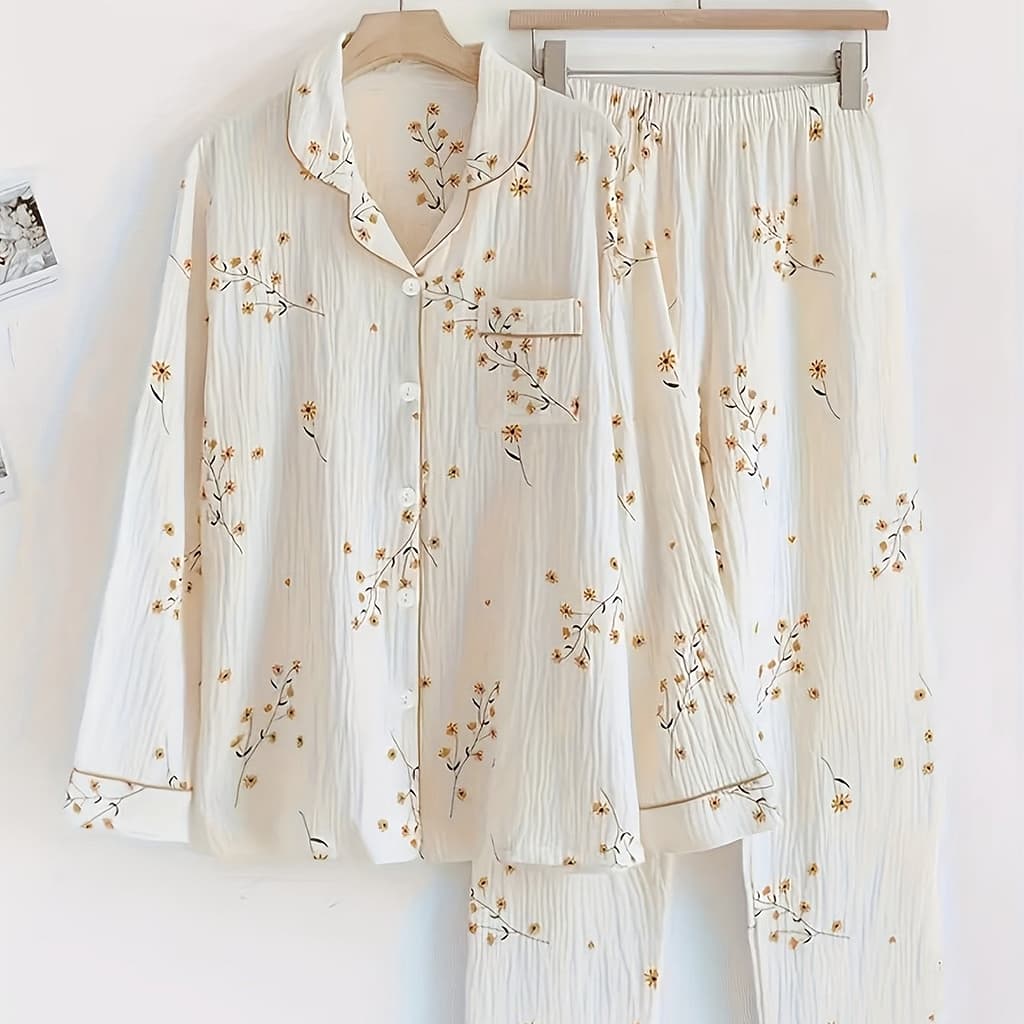 Women’s Floral Print Textured Casual Pajama Set, Long Sleeve Buttons Lapel Top & Pants, Comfortable Relaxed Fit For Fall Clothing Shop Online at Dubai Trades 2