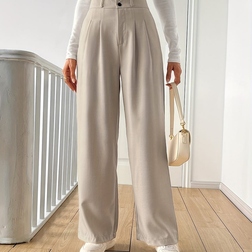 Women’s High-waisted Straight-leg Pants – Light Beige Casual Polyester With Button Details, Machine Washable, For Casual Attire, Cute Pants Clothing Shop Online at Dubai Trades 2