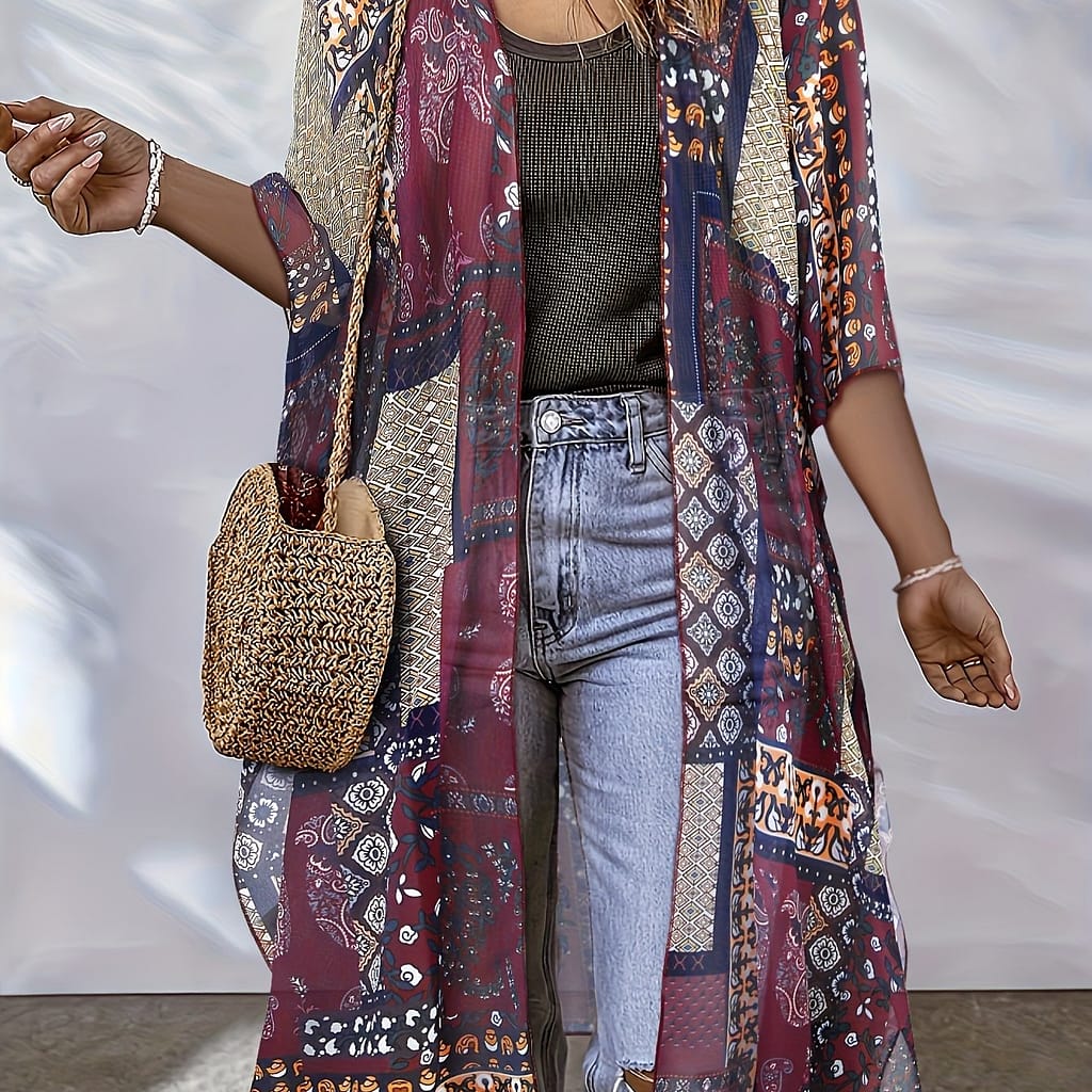 Women’s Kimono, Plus Size Allover Geometric Print Loose Fit V Neck Semi-sheer Beach Cover Up With Side Slits. Clothing Shop Online at Dubai Trades 2