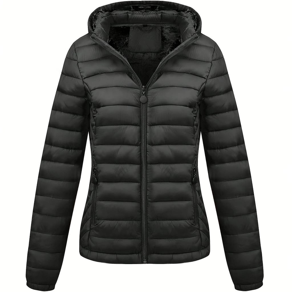 Women’s Lightweight Hooded Winter Jacket – Black, Casual Commuter Coat With Pockets, Long Sleeve, Nylon Material, Fall And Winter, Cold Weather Apparel | Minimalist Jacket | Zipper Clothing Shop Online at Dubai Trades 2