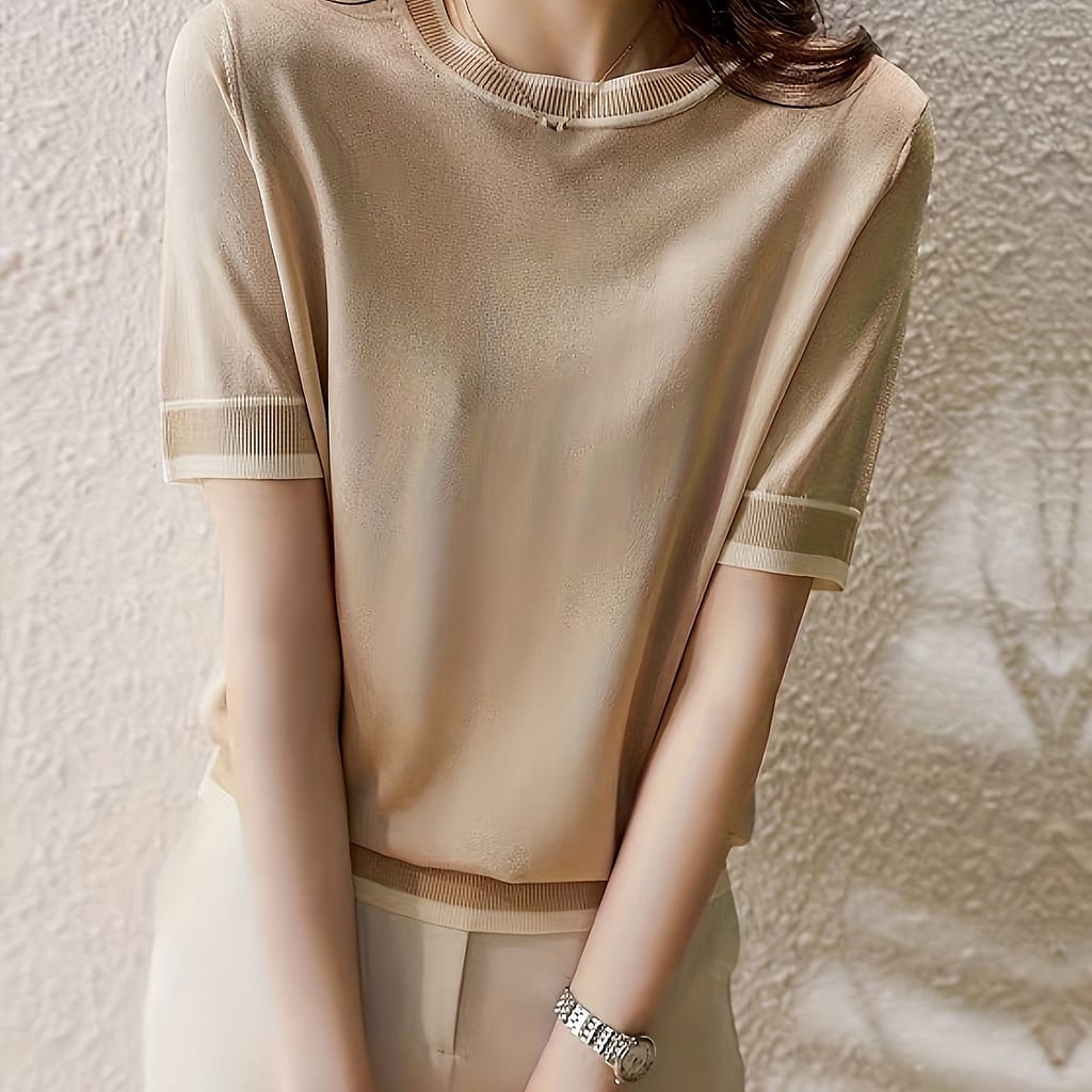 Women’s Lightweight Knit Top – Slimming Short Sleeve, Round Neck In Beige With Contrast Trim – Casual Viscose & Polyester , Clothing Shop Online at Dubai Trades 2