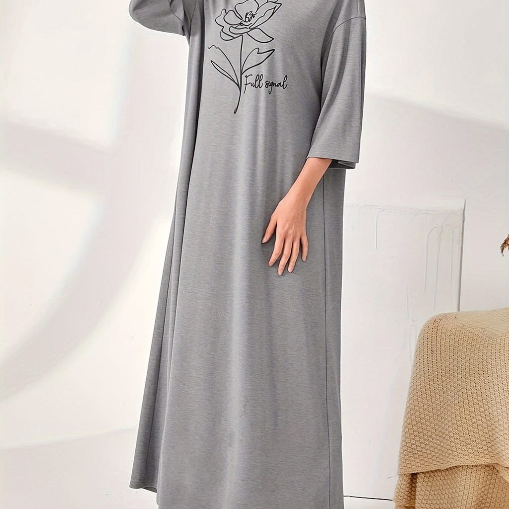 Women’s Long Sleeve Tunic Dress With Floral Print – Casual Gray Tunic For , Comfortable Slip-on Shoes, Tunic | Floral Print Dress | Relaxed Fit Dress Clothing Shop Online at Dubai Trades 2