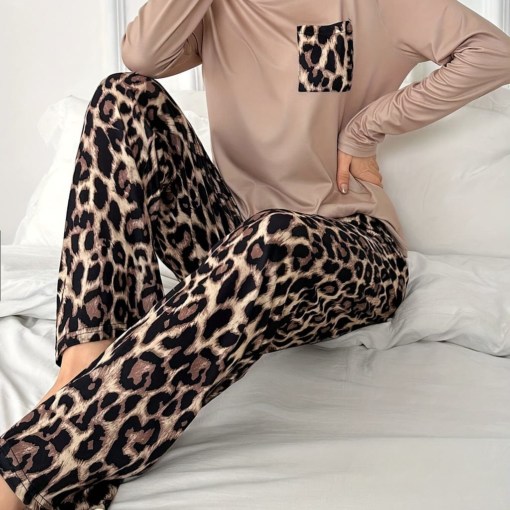 Women’s Mature Leopard Print Pajama Set, Long Sleeve Round Neck Top & Pants, Comfortable Relaxed Fit For Fall Clothing Shop Online at Dubai Trades 2