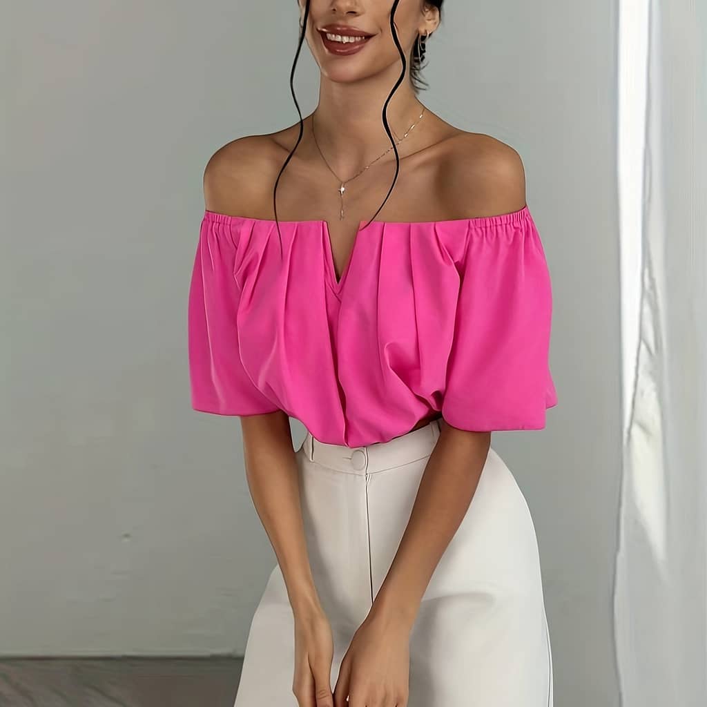 Women’s Off-shoulder Pink Blouse With Ruffles – Stylish Top For Adults, Casual To Formal Wear, Casual Formal Wear | Ruffle Detail Top | Elegant Neckline, Off Shoulder Top Blouses Shop Online at Dubai Trades 2