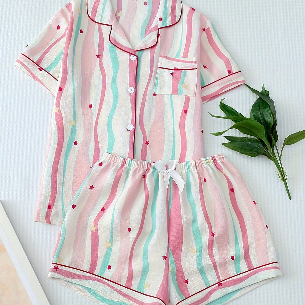 Women’s Pajama Set, Pajamas, Short Sleeve Button- Tops, Casual Sets, And Outfit Shorts Clothing Shop Online at Dubai Trades 2