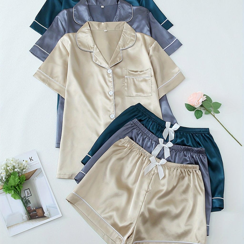 Women’s Pajama Set With Comfortable Short Sleeves, A Button-up Top, And Fitted Shorts Featuring A Bow Detail. Clothing Shop Online at Dubai Trades 2