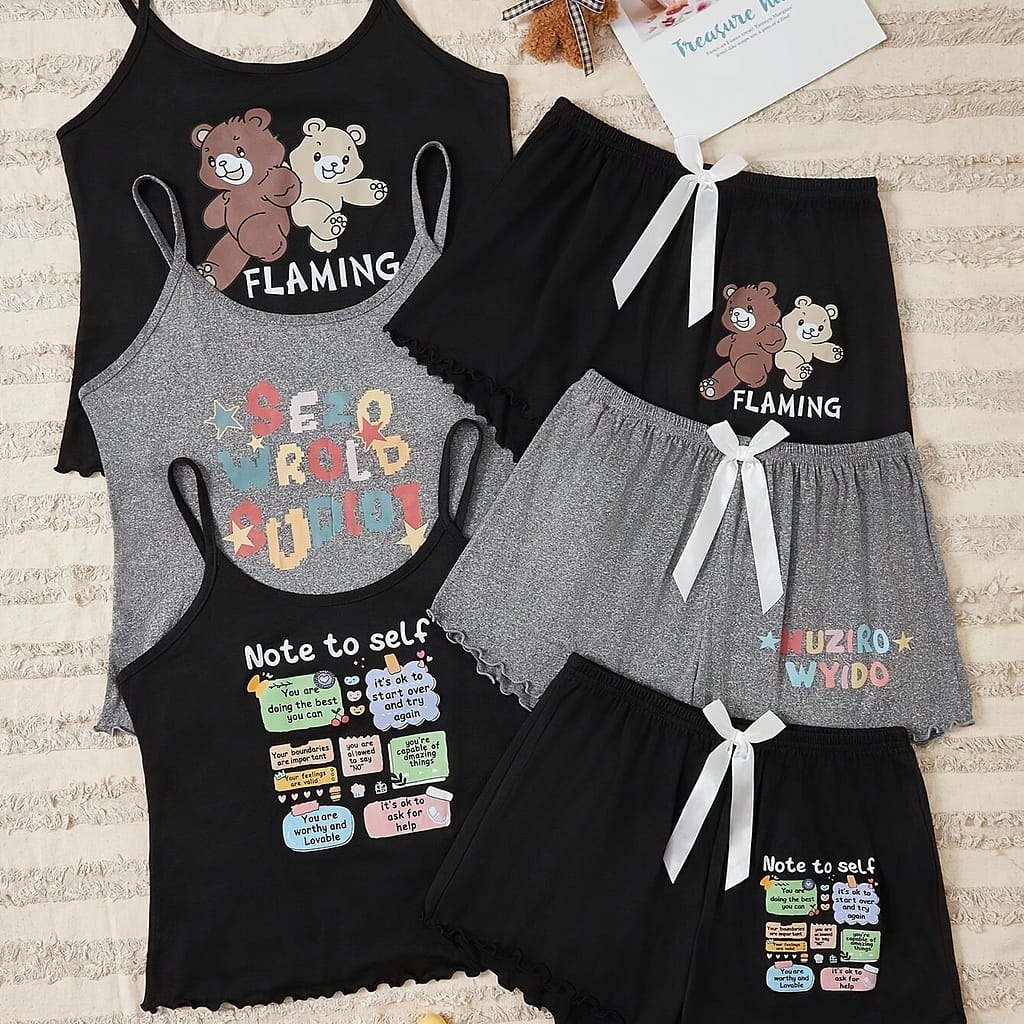 Women’s Pajama Set With Cute Cartoon Print, Polyester 95.00%, Elastane 5.00%, Comfortable Sleepwear, Cute Pajama Sets Clothing Shop Online at Dubai Trades 2