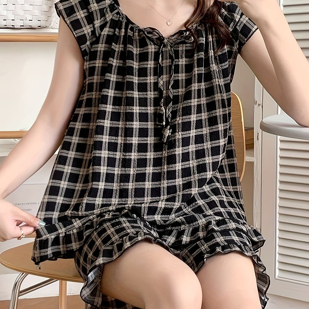Women’s Plaid Print Sweet Pajama Set, Cap Sleeve Tie Front Round Neck Top & Shorts, Comfortable Relaxed Fit Clothing Shop Online at Dubai Trades 2